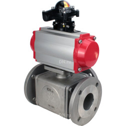 Кран шаровой BV3232P(4pc)-FP-3WL-F Ду32 Ру16 полнопроходной трехходовой, фланцевый, корпус - нержавеющая сталь SS316, с пневмоприводом PA-SA-083 с возвратными пружинами, пневмораспределителем 4V320-10 AC220V и БКВ APL-210N