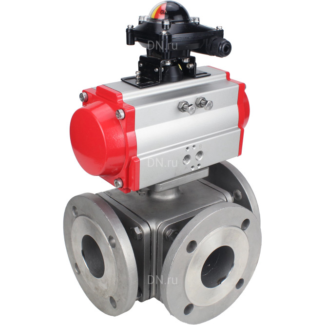 Кран шаровой BV3232P(4pc)-FP-3WL-F Ду50 Ру16 полнопроходной трехходовой, фланцевый, корпус - нержавеющая сталь SS316, с пневмоприводом PA-SA-105 с возвратными пружинами и БКВ APL-210N в Алматы