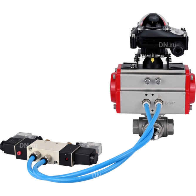 Кран шаровой BV3232P(4pc)-SP-3WL-T-ISO-H Ду10 Ру63, стандартнопроходной, четырехсоставной, корпус - нержавеющая сталь 316, уплотнение - PTFE, внутренняя резьба, с пневмоприводом PA-DA-052, пневмораспределителем 4V320-08 AC220V, БКВ APL-210N в Алматы