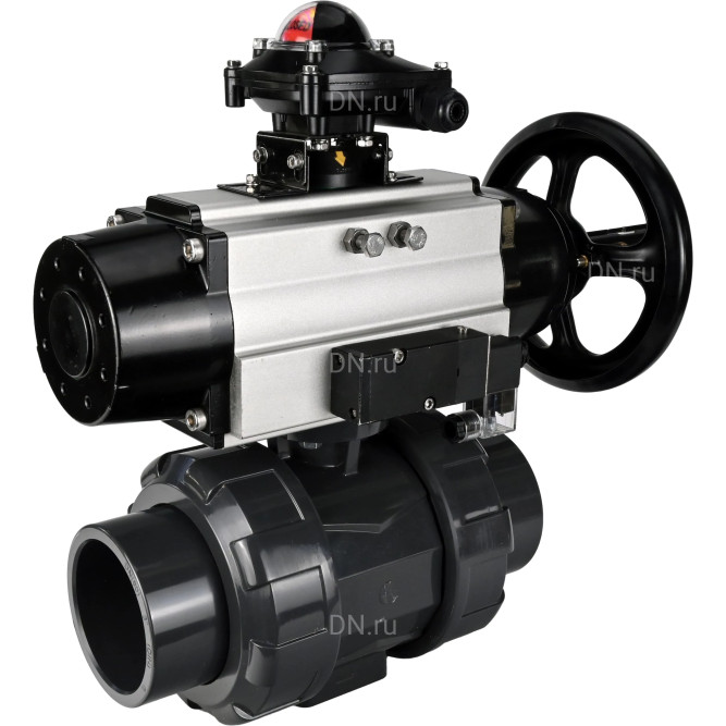 Кран шаровой BV4242E-FP-GRM-ISO Дн100 Ру10 полнопроходной, корпус - НПВХ, шар - НПВХ, уплотнение - EPDM, с пневмоприводом PA-DA-105-1, пневмораспределителем 4M310-08 AC220V и БКВ APL-210N в Алматы