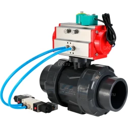 Кран шаровой BV4242E-FP-GRM-ISO Дн20 Ру10 полнопроходной, корпус - НПВХ, шар - НПВХ, уплотнение - EPDM, с пневмоприводом PA-DA-052, пневмораспределителем 4V320-08 AC220V и магнитным переключателем ALS200D