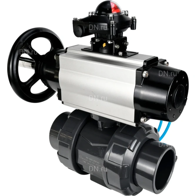 Кран шаровой BV4242E-FP-GRM-ISO Дн25 Ру10 полнопроходной, корпус - НПВХ, шар - НПВХ, уплотнение - EPDM, с пневмоприводом PA-DA-105-1, пневмораспределителем 4V320-10 AC220V и БКВ APL-210N в Алматы