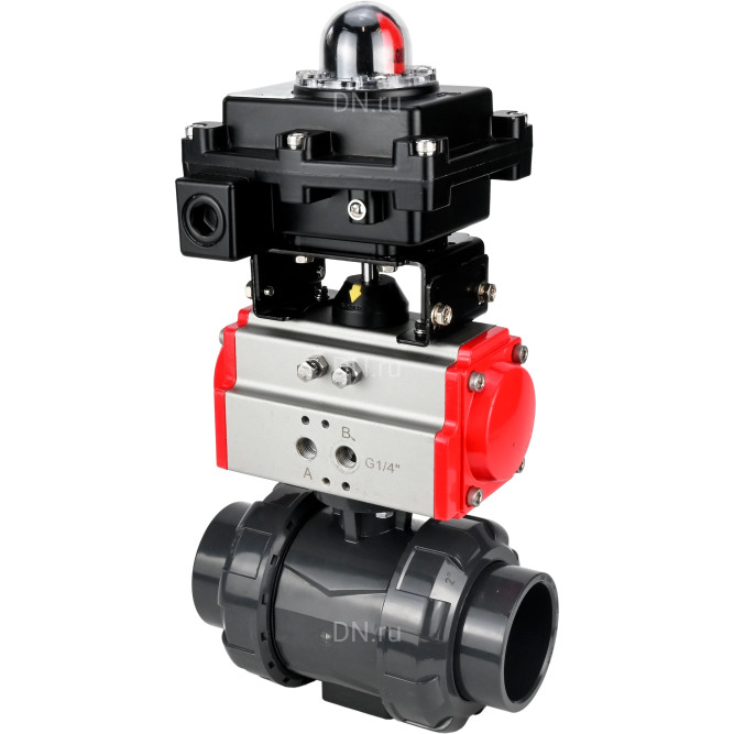 Кран шаровой BV4242E-FP-GRM-ISO Дн40 Ру10 полнопроходной, корпус - НПВХ, шар - НПВХ, уплотнение - EPDM, с пневмоприводом PA-DA-052 и БКВ APL-410N EX в Алматы