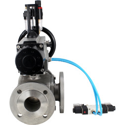 Кран шаровой BV3232P(4pc)-FP-3WL-F Ду100 Ру16 полнопроходной трехходовой, фланцевый, корпус - нержавеющая сталь SS316, с пневмоприводом PA-DA-105-1 двойного действия, пневмораспределителем 4V320-08 AC220V и БПВ AFC2000