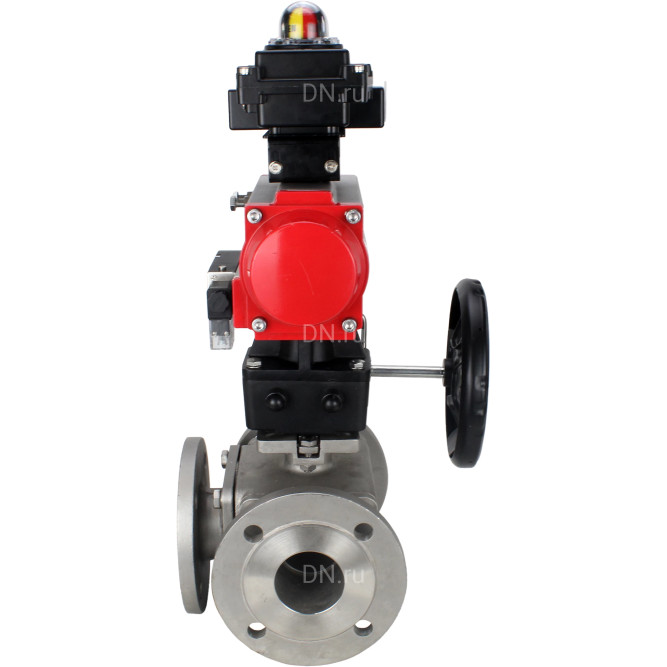 Кран шаровой BV3232P(4pc)-FP-3WL-F Ду40 Ру16 полнопроходной трехходовой, фланцевый, корпус - нержав.сталь SS316, пневмопривод PA-DA-065 двойн.действия, пневмораспределитель 4M310-08 DC24V, БКВ APL-410N EX и ручной дублер MON1-250-T26-ISO в Алматы
