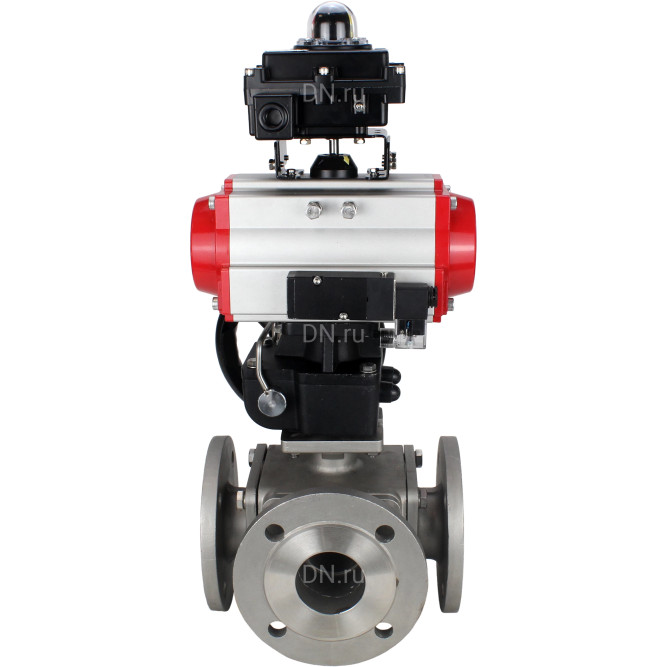 Кран шаровой BV3232P(4pc)-FP-3WL-F Ду40 Ру16 полнопроходной трехходовой, фланцевый, корпус - нержав.сталь SS316, пневмопривод PA-DA-065 двойн.действия, пневмораспределитель 4M310-08 DC24V, БКВ APL-410N EX и ручной дублер MON1-250-T26-ISO в Алматы