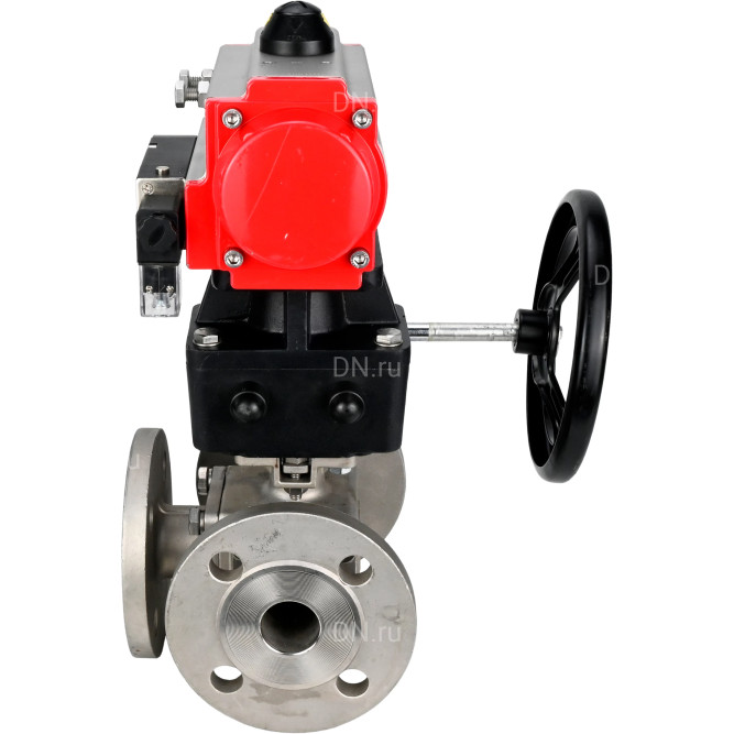 Кран шаровой BV3232P(4pc)-FP-3WL-F Ду100 Ру16 полнопроходной трехходовой, фланцевый, корпус - нержавеющая сталь SS316, с пневмоприводом PA-DA-105 двойного действия, пневмораспределителем 4M310-08 AC220V и ручным дублером MON3-700-T38-ISO в Алматы