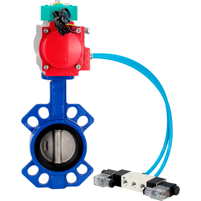 Затвор дисковый поворотный WBV1432E-2W-Fb-H Ду65 Ру16 корпус - чугун GGG50, диск - нержавеющая сталь 316L, уплотнение - EPDM, с пневмоприводом PA-DA-065, пневмораспределителем 4V320-08 AC220V и магнитным переключателем ALS200D в Алматы