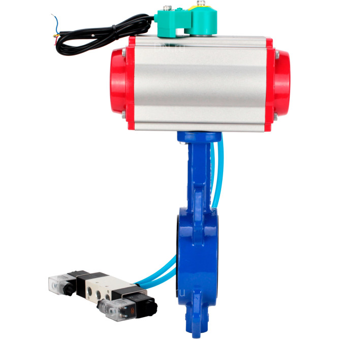 Затвор дисковый поворотный WBV1432E-2W-Fb-H Ду65 Ру16 корпус - чугун GGG50, диск - нержавеющая сталь 316L, уплотнение - EPDM, с пневмоприводом PA-DA-065, пневмораспределителем 4V320-08 AC220V и магнитным переключателем ALS200D в Алматы