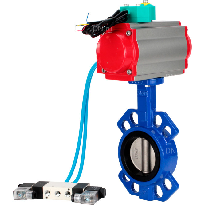 Затвор дисковый поворотный WBV1432E-2W-Fb-H Ду65 Ру16 корпус - чугун GGG50, диск - нержавеющая сталь 316L, уплотнение - EPDM, с пневмоприводом PA-DA-065, пневмораспределителем 4V320-08 AC220V и магнитным переключателем ALS200D в Алматы