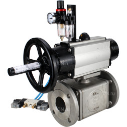Кран шаровой BV3232P(4pc)-FP-3WL-F Ду100 Ру16 полнопроходной трехходовой, фланцевый, корпус - нержавеющая сталь SS316, с пневмоприводом PA-DA-105-1 двойного действия, пневмораспределителем 4V320-10 AC220V и БПВ AFC2000