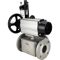 Кран шаровой BV3232P(4pc)-FP-3WL-F Ду100 Ру16 полнопроходной трехходовой, фланцевый, корпус - нержавеющая сталь SS316, с пневмоприводом PA-DA-105-1 двойного действия, пневмораспределителем 4V320-10 AC220V и БПВ AFC2000