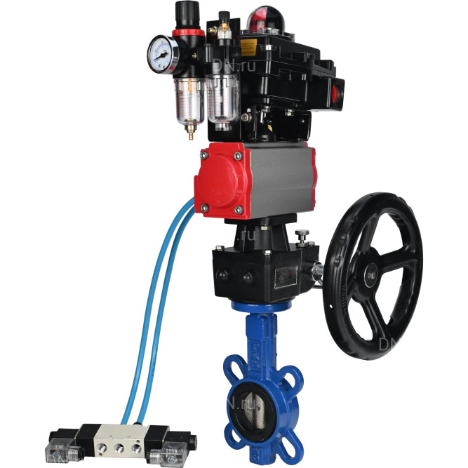Затвор дисковый поворотный WBV1413E-2W-Fb-H Ду125 Ру16, корпус - чугун GGG50, диск - чугун GGG40, уплотнение - EPDM, с пневмоприводом PA-DA-105, пневмораспределителем 4V320-08 AC220V, БКВ APL-410N EX, ручным дублером MON2-450-T28-ISO и БПВ AFC2000 в Алматы