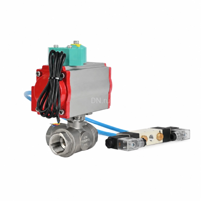 Кран шаровой BV3232P(4pc)-SP-3WT-T-ISO-H WDVF Ду25 Ру63 стандартнопроходной, 3-ходовой Т-тип, внутренняя резьба, нержавеющая сталь AISI 316, с пневмоприводом PA-DA-065, пневмораспределителем 4V320-08 AC220V и магнитным переключателем ALS200D в Алматы