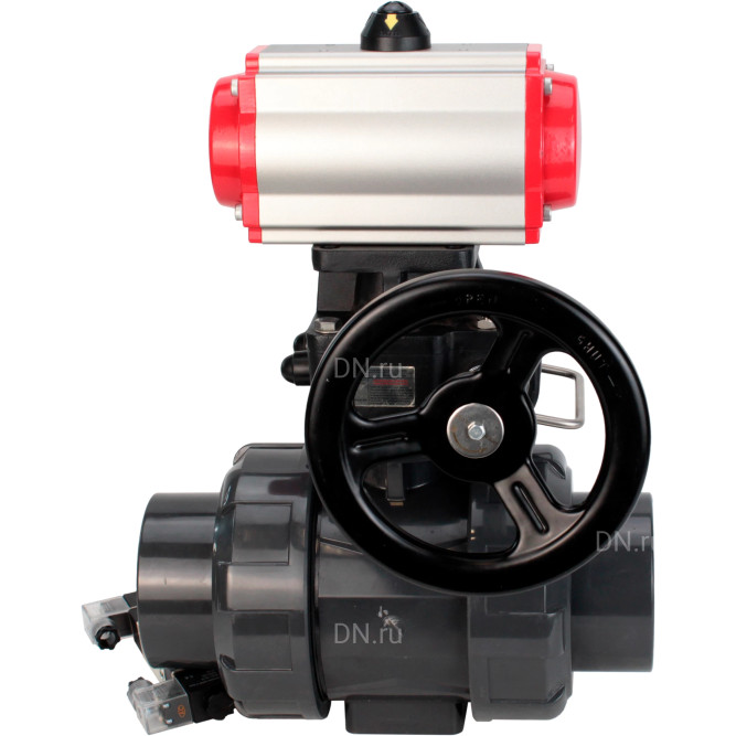 Кран шаровой BV4242E-FP-GRM-ISO Дн80 Ру10 полнопроходной, корпус - НПВХ, шар - НПВХ, уплотнение - EPDM, с пневмоприводом PA-DA-065, пневмораспределителем 4V320-08 AC220V и ручным дублером MON1-250-T26-ISO в Алматы