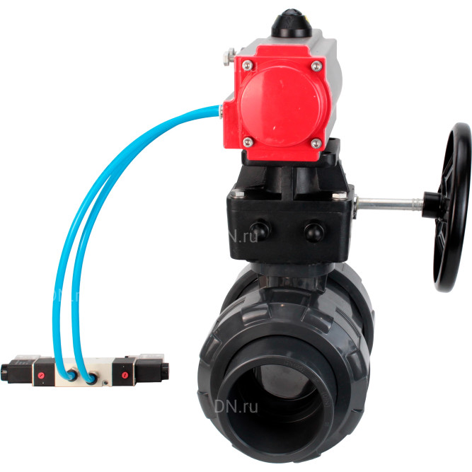 Кран шаровой BV4242E-FP-GRM-ISO Дн80 Ру10 полнопроходной, корпус - НПВХ, шар - НПВХ, уплотнение - EPDM, с пневмоприводом PA-DA-065, пневмораспределителем 4V320-08 AC220V и ручным дублером MON1-250-T26-ISO в Алматы