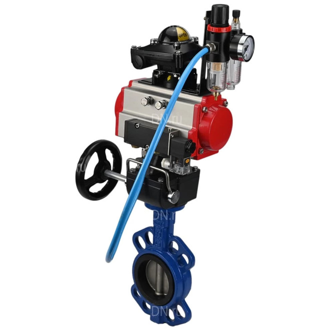 Затвор дисковый поворотный WBV1132N-2W-Fb-H Ду125 Ру16, корпус - чугун GG25, диск - нержавеющая сталь 316L, NBR, с пневмоприводом PA-DA-105, пневмораспределителем 4M310-08 AC220V, БКВ APL-210N, ручным дублером MON3-700-T38-ISO, БПВ AFC2000 в Алматы