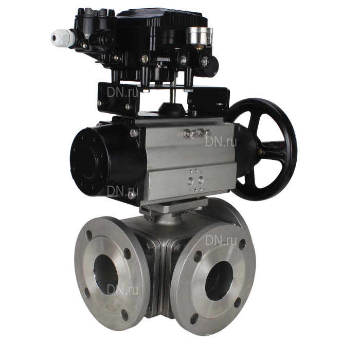 Кран шаровой BV3232P(4pc)-FP-3WL-F Ду100 Ру16 полнопроходной трехходовой, фланцевый, корпус - нержавеющая сталь SS316, с пневмоприводом PA-DA-105-1 двойного действия и пневмопозиционером YT-1000RSN без обратной связи в Алматы