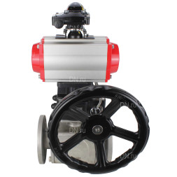 Кран шаровой BV3232P(4pc)-FP-3WL-F Ду25 Ру16 полнопроходной трехходовой, фланцевый, корпус - нержавеющая сталь SS316, с пневмоприводом PA-DA-052 двойного действия, БКВ APL-210N и ручным дублером MON1-250-T26-ISO