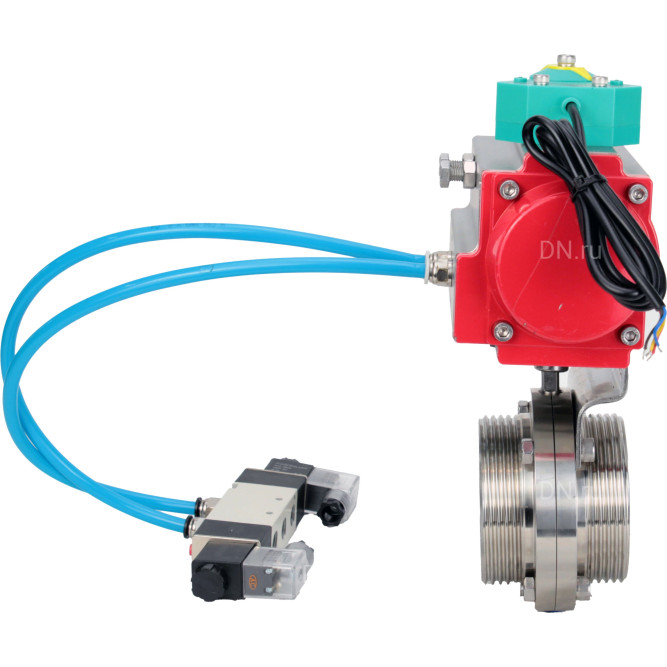 Затвор дисковый поворотный WBV3131E-2W-T-H Ду25 Ру10 резьбовой, пищевая нержавеющая сталь 304, уплотнение - EPDM, с пневмоприводом PA-DA-052, пневмораспределителем 4V320-08 AC220V и магнитным переключателем ALS200D в Алматы