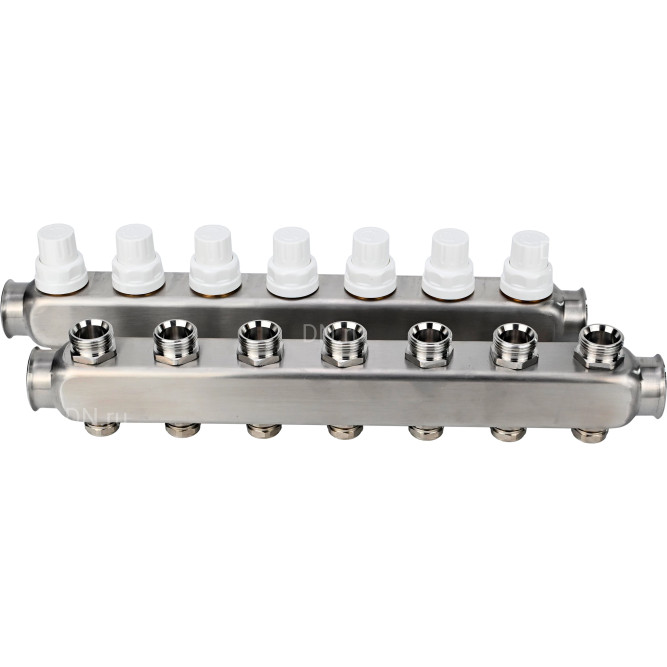 Коллекторная группа GC3-31-7 1″ Ду25 Ру10 отводов — 7, в сборе с терморегулирующими клапанами и запорно-балансировочными клапанами, без переходников, корпус - нержавеющая сталь AISI 304 в Алматы