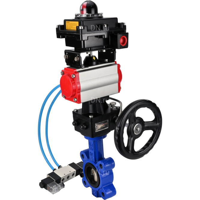 Затвор дисковый поворотный WBV1616N-2W-Fb-H Ду65 Ру16 LUG корпус - чугун QT450, диск - чугун QT450, уплотнение - NBR, с пневмоприводом PA-DA-065, пневмораспределителем 4V320-08 AC220V, БКВ APL-410N EX и редуктором MON1-250-T26-ISO в Алматы