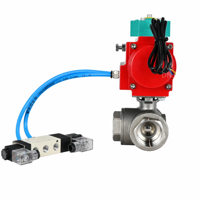 Кран шаровой BV3232P(4pc)-SP-3WL-T-ISO-H WDVF Ду40 Ру63 стандартнопроходной, 3-ходовой L-тип, внутренняя резьба, нержавеющая сталь AISI 316, с пневмоприводом PA-DA-083, пневмораспределителем 4V320-08 AC220V и магнитным переключателем ALS200D в Алматы