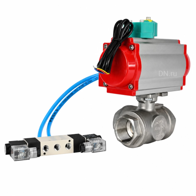 Кран шаровой BV3232P(4pc)-SP-3WL-T-ISO-H WDVF Ду40 Ру63 стандартнопроходной, 3-ходовой L-тип, внутренняя резьба, нержавеющая сталь AISI 316, с пневмоприводом PA-DA-083, пневмораспределителем 4V320-08 AC220V и магнитным переключателем ALS200D в Алматы