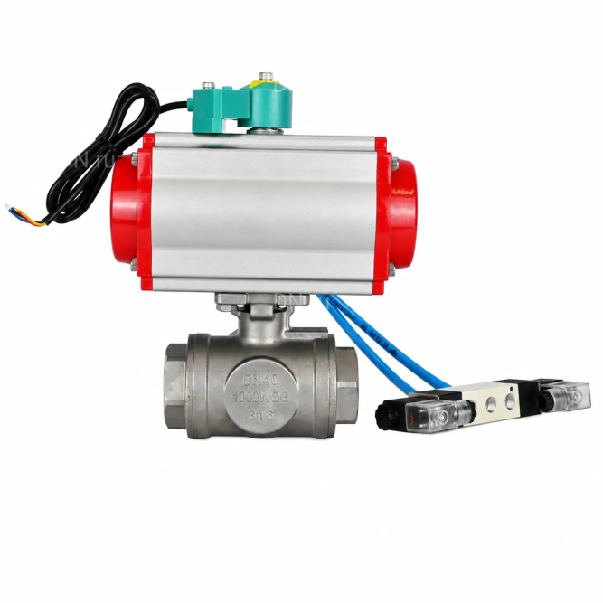 Кран шаровой BV3232P(4pc)-SP-3WL-T-ISO-H WDVF Ду40 Ру63 стандартнопроходной, 3-ходовой L-тип, внутренняя резьба, нержавеющая сталь AISI 316, с пневмоприводом PA-DA-083, пневмораспределителем 4V320-08 AC220V и магнитным переключателем ALS200D в Алматы
