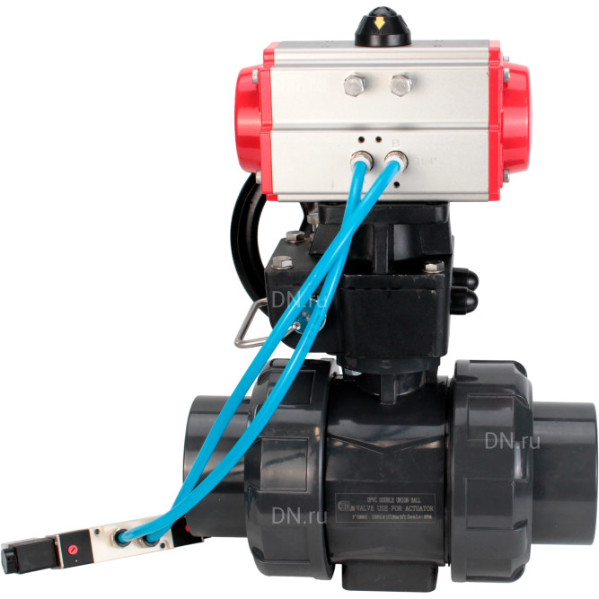 Кран шаровой BV4242E-FP-GRM-ISO Дн100 Ру10 полнопроходной, корпус - НПВХ, шар - НПВХ, уплотнение - EPDM, с пневмоприводом PA-DA-065, пневмораспределителем 4V320-08 AC220V и ручным дублером MON1-250-T26-ISO в Алматы