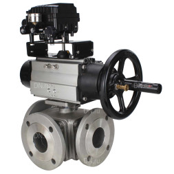 Кран шаровой BV3232P(4pc)-FP-3WL-F Ду100 Ру16 полнопроходной трехходовой, фланцевый, корпус - нержавеющая сталь SS316, с пневмоприводом PA-DA-105-1 двойного действия и пневмопозиционером YT-1000RSN с обратной связью