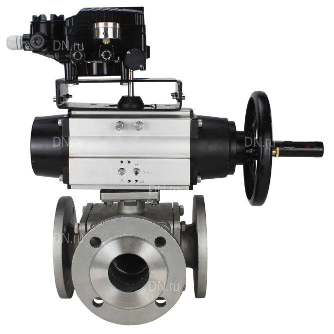 Кран шаровой BV3232P(4pc)-FP-3WL-F Ду100 Ру16 полнопроходной трехходовой, фланцевый, корпус - нержавеющая сталь SS316, с пневмоприводом PA-DA-105-1 двойного действия и пневмопозиционером YT-1000RSN с обратной связью в Алматы