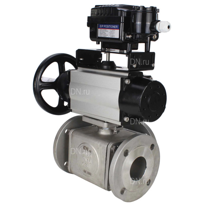 Кран шаровой BV3232P(4pc)-FP-3WL-F Ду100 Ру16 полнопроходной трехходовой, фланцевый, корпус - нержавеющая сталь SS316, с пневмоприводом PA-DA-105-1 двойного действия и пневмопозиционером YT-1000RSN с обратной связью в Алматы
