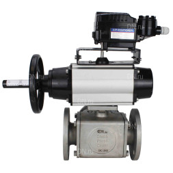 Кран шаровой BV3232P(4pc)-FP-3WL-F Ду100 Ру16 полнопроходной трехходовой, фланцевый, корпус - нержавеющая сталь SS316, с пневмоприводом PA-DA-105-1 двойного действия и пневмопозиционером YT-1000RSN с обратной связью