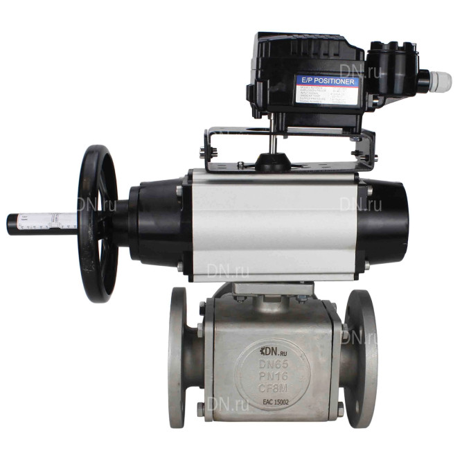 Кран шаровой BV3232P(4pc)-FP-3WL-F Ду100 Ру16 полнопроходной трехходовой, фланцевый, корпус - нержавеющая сталь SS316, с пневмоприводом PA-DA-105-1 двойного действия и пневмопозиционером YT-1000RSN с обратной связью в Алматы