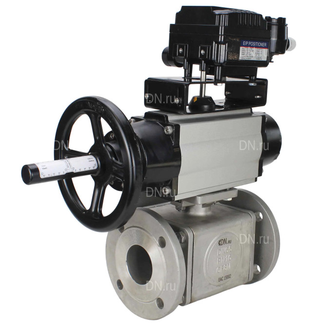 Кран шаровой BV3232P(4pc)-FP-3WL-F Ду100 Ру16 полнопроходной трехходовой, фланцевый, корпус - нержавеющая сталь SS316, с пневмоприводом PA-DA-105-1 двойного действия и пневмопозиционером YT-1000RSN с обратной связью в Алматы