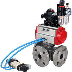 Кран шаровой BV3232P(4pc)-FP-3WL-F Ду15 Ру16 полнопроходной трехходовой, фланцевый, корпус - нержавеющая сталь SS316, с пневмоприводом PA-SA-052 с возвратными пружинами, пневмораспределителем 4V320-10 AC220V, БКВ APL-210N и БПВ AFC2000