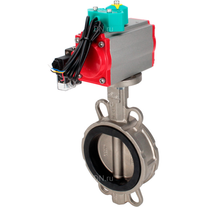 Затвор дисковый поворотный WBV3232E-2W-Fb-H Ду100 Ру16 корпус - нержавеющая сталь 316L, диск - нержавеющая сталь 316L, уплотнение - EPDM, с пневмоприводом PA-DA-083, пневмораспределителем 4M310-08 DC24V и магнитным переключателем ALS200D в Алматы