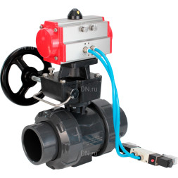 Кран шаровой BV4242E-FP-GRM-ISO Дн15 Ру10 полнопроходной, корпус - НПВХ, шар - НПВХ, уплотнение - EPDM, с пневмоприводом PA-DA-052, пневмораспределителем 4V320-10 AC220V и ручным дублером MON1-250-T26-ISO