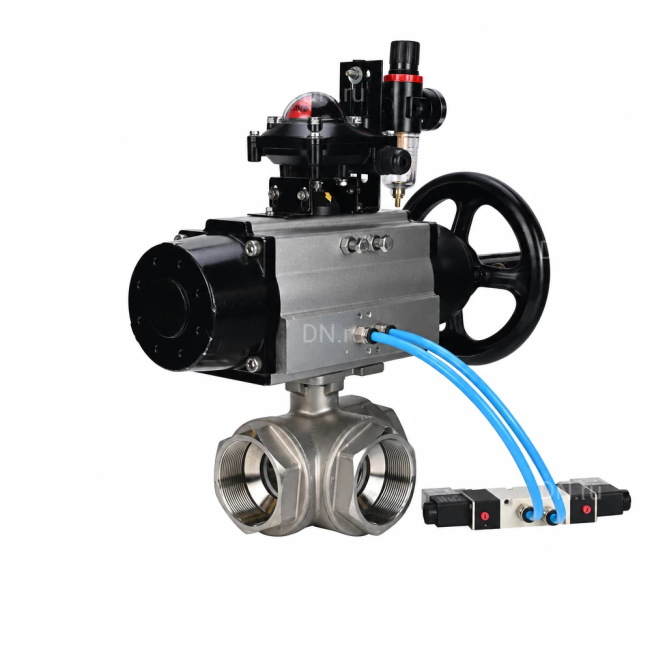 Кран шаровой BV3232P(4pc)-SP-3WL-T-ISO-H WDVF Ду65 Ру40 стандартнопроходной, 3-ходовой L-тип, внутренняя резьба, нержавеющая сталь AISI 316, PTFE, с пневмоприводом PA-DA-105-1, пневмораспределителем 4V320-10 AC220V, БКВ APL-210N и БПВ AFC2000 в Алматы