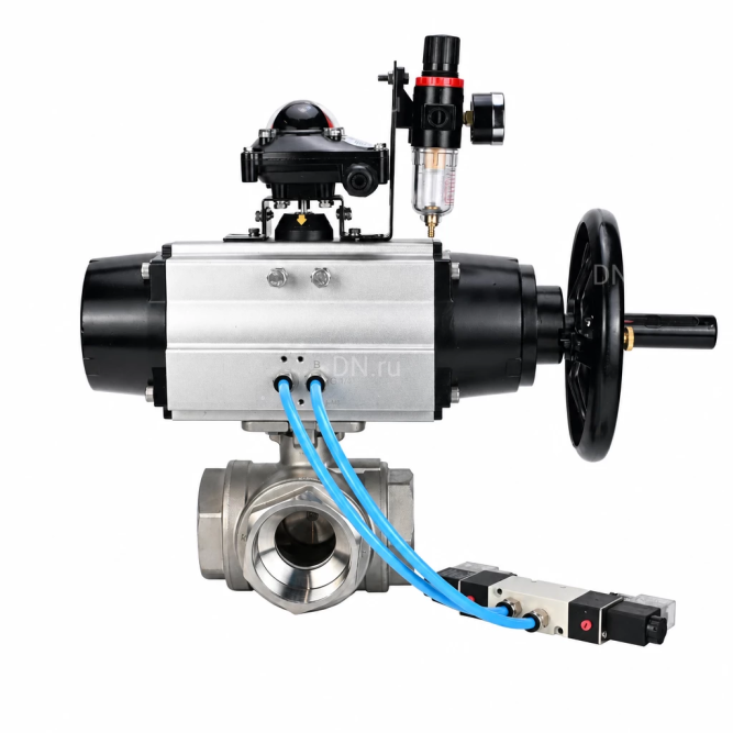 Кран шаровой BV3232P(4pc)-SP-3WL-T-ISO-H WDVF Ду65 Ру40 стандартнопроходной, 3-ходовой L-тип, внутренняя резьба, нержавеющая сталь AISI 316, PTFE, с пневмоприводом PA-DA-105-1, пневмораспределителем 4V320-10 AC220V, БКВ APL-210N и БПВ AFC2000 в Алматы