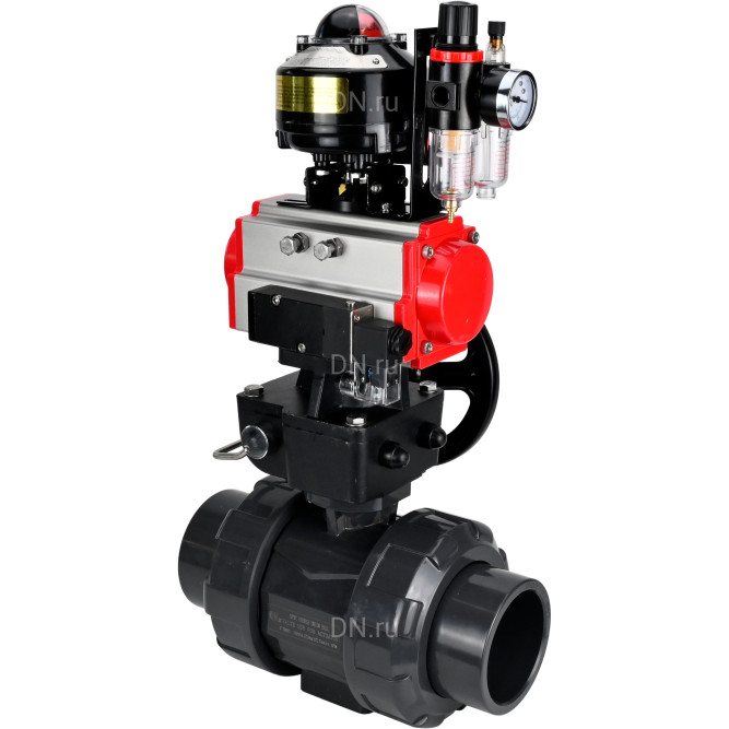 Кран шаровой BV4242E-FP-GRM-ISO Дн65 Ру10 полнопроходной, корпус - НПВХ, шар - НПВХ, уплотнение - EPDM, с пневмоприводом PA-DA-065, пневмораспределителем 4M310-08 DC24V, ручным дублером MON1-250-T26-ISO, БКВ APL-510N EX и БПВ AFC2000 в Алматы