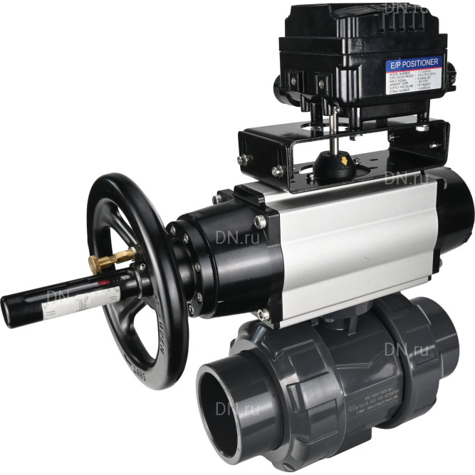 Кран шаровой BV4242E-FP-GRM-ISO Дн80 Ру10 полнопроходной, корпус - НПВХ, шар - НПВХ, уплотнение - EPDM, с пневмоприводом PA-DA-105-1 и пневмопозиционером YT-1000RSN без обратной связи в Алматы