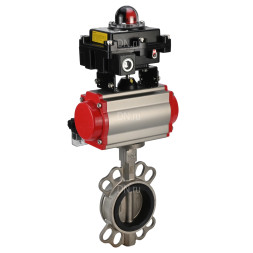 Затвор дисковый поворотный WBV3232V-2W-Fb-H Ду80 Ру16, корпус - нержавеющая сталь 316L, диск - нержавеющая сталь 316L, уплотнение - Viton, с пневмоприводом PA-SA-105 с возвратными пружинами, с пневмораспределителем 4V320-10 AC220V, с БКВ APL-410N EX
