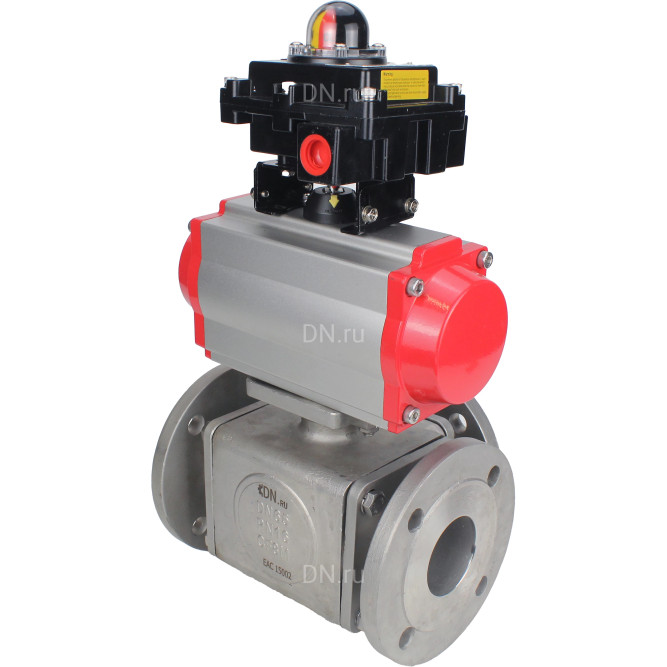 Кран шаровой BV3232P(4pc)-FP-3WL-F Ду32 Ру16 полнопроходной трехходовой, фланцевый, корпус - нержавеющая сталь SS316, с пневмоприводом PA-SA-083 с возвратными пружинами и БКВ APL-410N EX в Алматы
