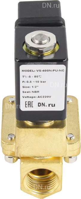 Клапан электромагнитный VS400-VT-NC-24VDC 3/8″ Ду10 Ру16, соленоидный двухходовой, корпус - латунь, уплотнение - Viton, резьбовой, нормально-закрытый, пилотный, катушка - 24В в Алматы