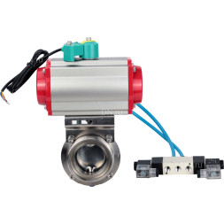Затвор дисковый поворотный WBV3131S-2W-T-H Ду15 Ру10 резьбовой, пищевая нержавеющая сталь 304, уплотнение - Silicon, с пневмоприводом PA-DA-052, пневмораспределителем 4V320-10 AC220V и магнитным переключателем ALS200D