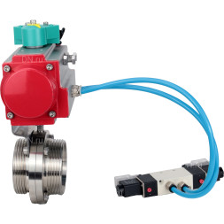 Затвор дисковый поворотный WBV3131S-2W-T-H Ду15 Ру10 резьбовой, пищевая нержавеющая сталь 304, уплотнение - Silicon, с пневмоприводом PA-DA-052, пневмораспределителем 4V320-10 AC220V и магнитным переключателем ALS200D