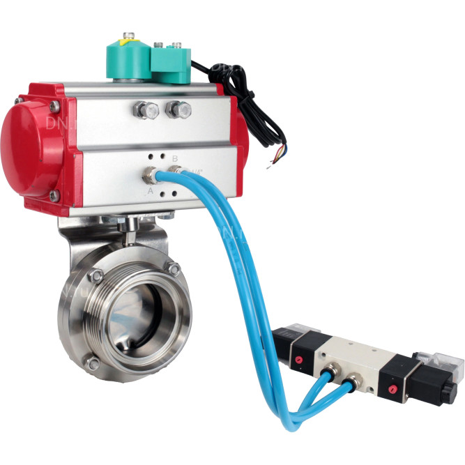 Затвор дисковый поворотный WBV3131S-2W-T-H Ду15 Ру10 резьбовой, пищевая нержавеющая сталь 304, уплотнение - Silicon, с пневмоприводом PA-DA-052, пневмораспределителем 4V320-10 AC220V и магнитным переключателем ALS200D в Алматы