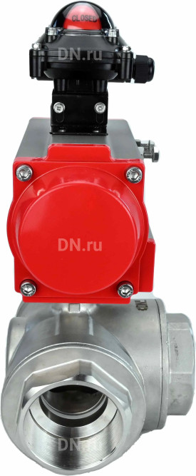 Кран шаровой BV3232P(4pc)-SP-3WL-T-ISO-H Ду80 Ру40 стандартнопроходной трехходовой L-тип, нерж. сталь SS316, внутренняя резьба, уплотнение - PTFE, с пневмоприводом PA-DA-83 и блоком концевых выключателей APL-210N в Алматы